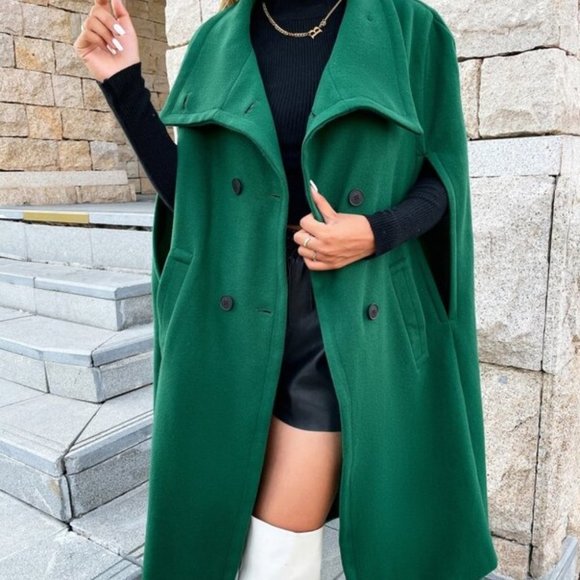 undefined Jackets & Blazers - green contemporary Double Breasted Cloak Sleeve Ov